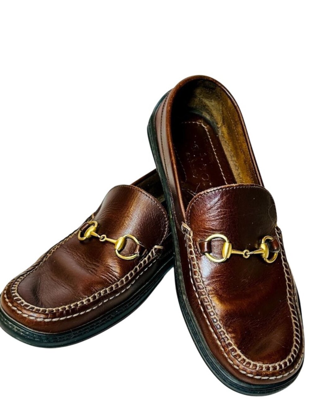 Gucci Mens Leather Driver Loafers Brass Horse Bit Made in Italy 7 1/2 Brown